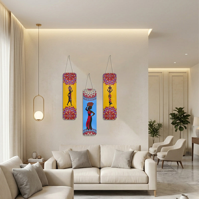 Smaran Tribal Art Wooden Wall Hanging Decor Set of 3 | African Woman Silhouette with Ethnic Pattern Plaque | Chain Connected Boho Sign for Living Room Bedroom & Gift