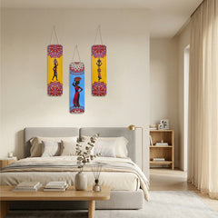 Smaran Tribal Art Wooden Wall Hanging Decor Set of 3 | African Woman Silhouette with Ethnic Pattern Plaque | Chain Connected Boho Sign for Living Room Bedroom & Gift