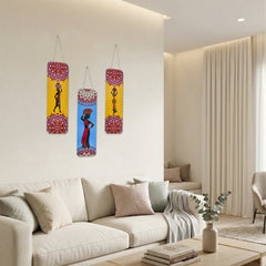 Smaran Tribal Art Wooden Wall Hanging Decor Set of 3 | African Woman Silhouette with Ethnic Pattern Plaque | Chain Connected Boho Sign for Living Room Bedroom & Gift