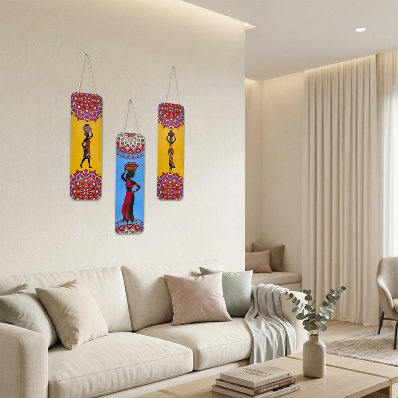 Smaran Tribal Art Wooden Wall Hanging Decor Set of 3 | African Woman Silhouette with Ethnic Pattern Plaque | Chain Connected Boho Sign for Living Room Bedroom & Gift