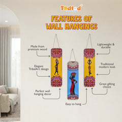 Smaran Tribal Art Wooden Wall Hanging Decor Set of 3 | African Woman Silhouette with Ethnic Pattern Plaque | Chain Connected Boho Sign for Living Room Bedroom & Gift