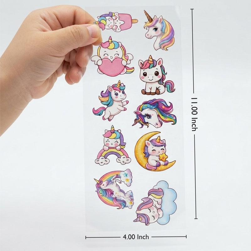 TodFod Unicorn DTF Heat Transfer Sticker Sheet | Cute Unicorn Iron-On Transfers for T-Shirts, Hoodies, Bags, Kids Clothing & Fabric DIY Crafts | 11 x 4 Inch
