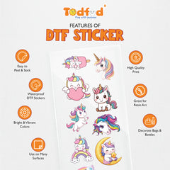 TodFod Unicorn DTF Heat Transfer Sticker Sheet | Cute Unicorn Iron-On Transfers for T-Shirts, Hoodies, Bags, Kids Clothing & Fabric DIY Crafts | 11 x 4 Inch