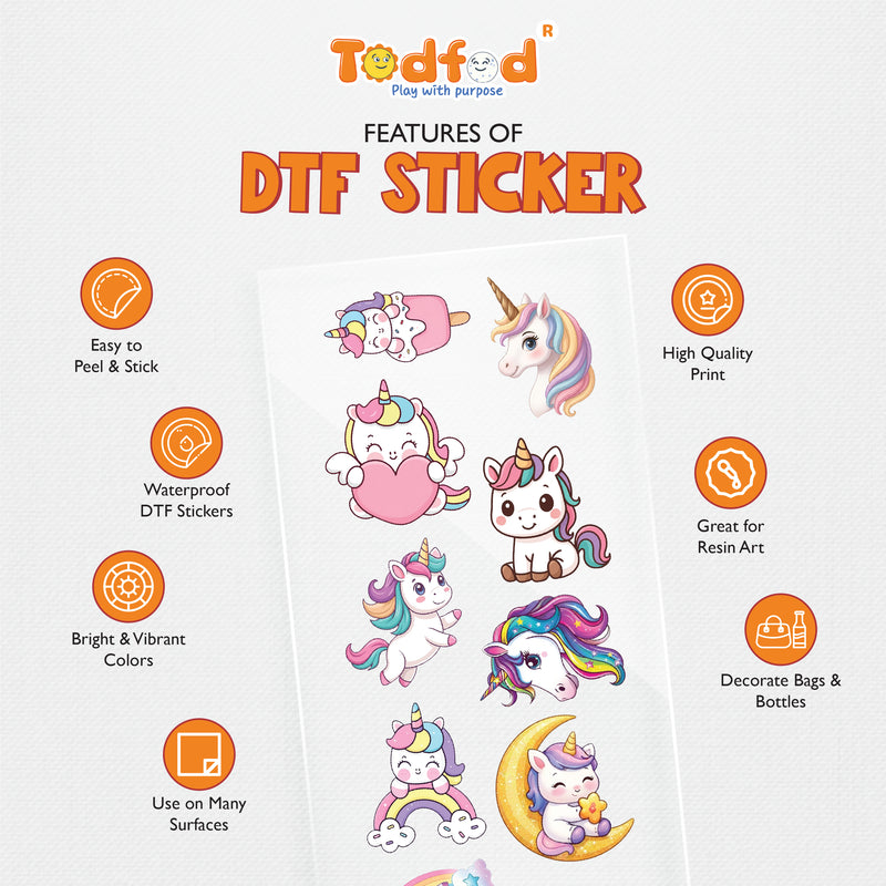 TodFod Unicorn DTF Heat Transfer Sticker Sheet | Cute Unicorn Iron-On Transfers for T-Shirts, Hoodies, Bags, Kids Clothing & Fabric DIY Crafts | 11 x 4 Inch