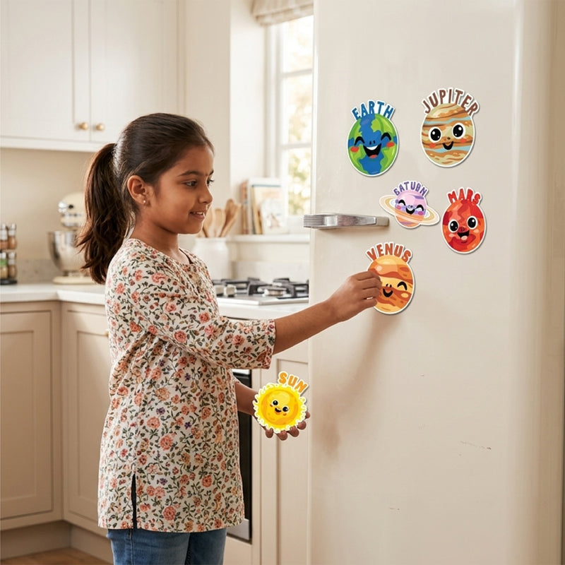 TodFod Cute Universe Fridge Magnet Set of 6 | 3 Inch Cartoon Solar System Smiley Planet & Sun MDF Wood Magnets