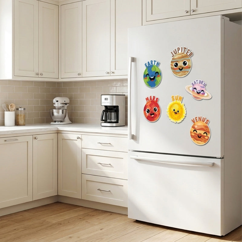 TodFod Cute Universe Fridge Magnet Set of 6 | 3 Inch Cartoon Solar System Smiley Planet & Sun MDF Wood Magnets