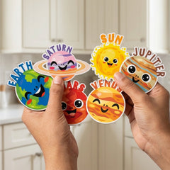 TodFod Cute Universe Fridge Magnet Set of 6 | 3 Inch Cartoon Solar System Smiley Planet & Sun MDF Wood Magnets