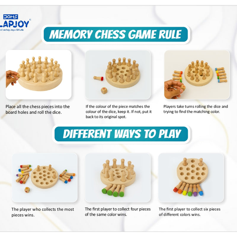 Doms Clapsjoy Memory Chess Wooden Board Game for Kids | 3-in-1 Memory & Matching Game | 24 Wooden Game Pieces with Colour Dice | Brain Teaser Game for Kids Age 3+ | Family Indoor Game