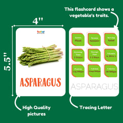 Flashcard showing asparagus with educational information on a green background
