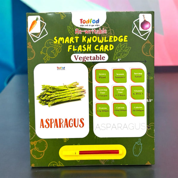 Todfod vegetable flash card packaging with asparagus illustration on a colorful background