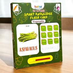 Flash card packaging for vegetables with asparagus illustration on a wooden surface