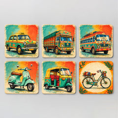 Todfod Indian Vehicle Theme Wooden Coasters Set of 6 – Transport Design Square Tea & Coffee Mug Coasters for Home & Office