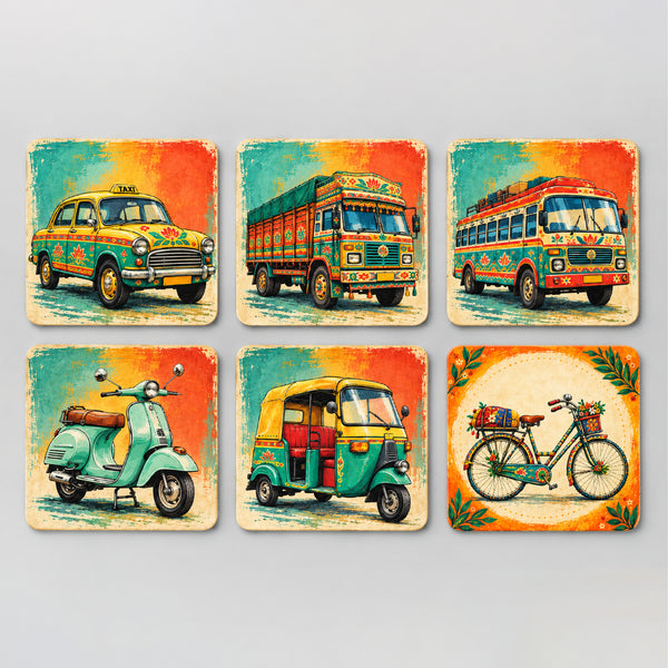 Todfod Indian Vehicle Theme Wooden Coasters Set of 6 – Transport Design Square Tea & Coffee Mug Coasters for Home & Office