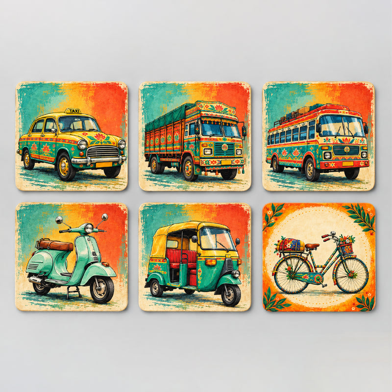 Todfod Indian Vehicle Theme Wooden Coasters Set of 6 – Transport Design Square Tea & Coffee Mug Coasters for Home & Office