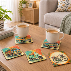 Todfod Indian Vehicle Theme Wooden Coasters Set of 6 – Transport Design Square Tea & Coffee Mug Coasters for Home & Office