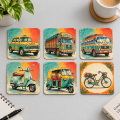 Todfod Indian Vehicle Theme Wooden Coasters Set of 6 – Transport Design Square Tea & Coffee Mug Coasters for Home & Office