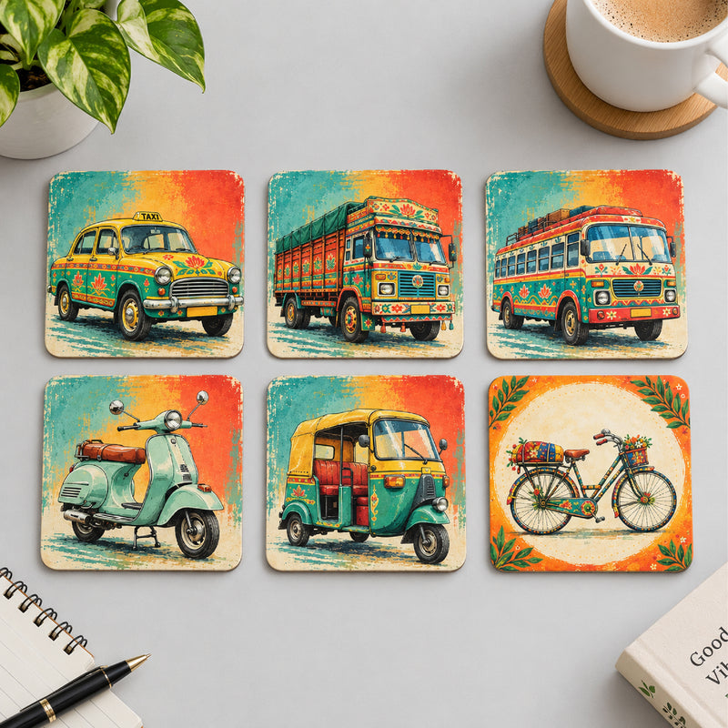 Todfod Indian Vehicle Theme Wooden Coasters Set of 6 – Transport Design Square Tea & Coffee Mug Coasters for Home & Office