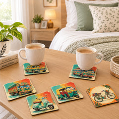 Todfod Indian Vehicle Theme Wooden Coasters Set of 6 – Transport Design Square Tea & Coffee Mug Coasters for Home & Office