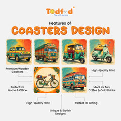 Todfod Indian Vehicle Theme Wooden Coasters Set of 6 – Transport Design Square Tea & Coffee Mug Coasters for Home & Office