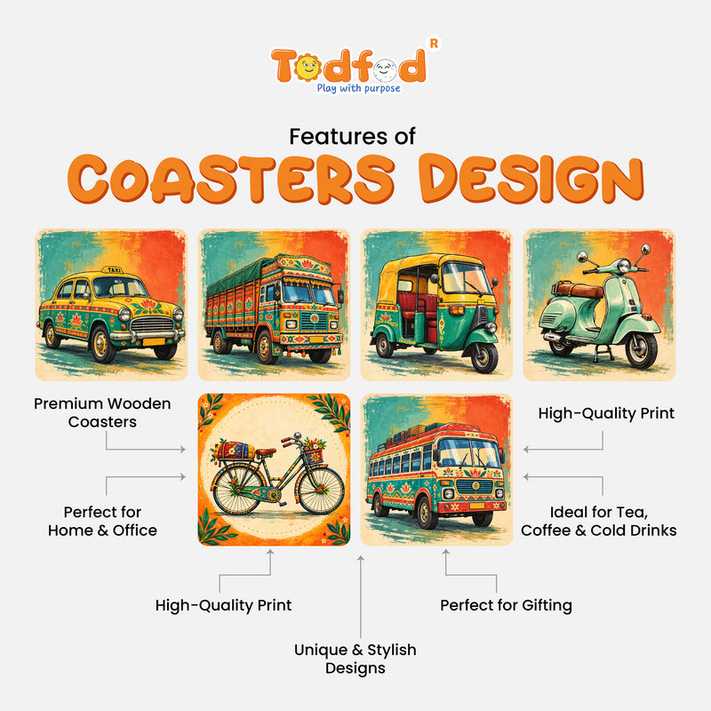 Todfod Indian Vehicle Theme Wooden Coasters Set of 6 – Transport Design Square Tea & Coffee Mug Coasters for Home & Office