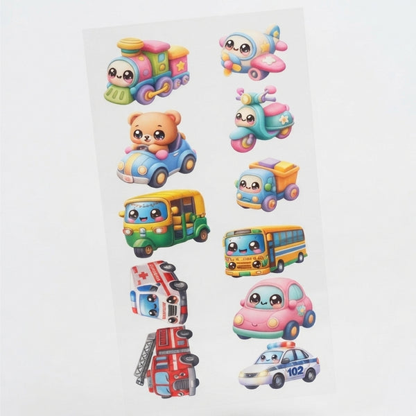 TodFod Vehicles DTF Heat Transfer Sticker Sheet | Cute Cars, Bus, Train & Emergency Vehicle Iron-On Transfers for T-Shirts, Hoodies, Bags & Fabric DIY Crafts | 11 x 4 Inch