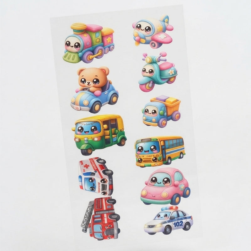 TodFod Vehicles DTF Heat Transfer Sticker Sheet | Cute Cars, Bus, Train & Emergency Vehicle Iron-On Transfers for T-Shirts, Hoodies, Bags & Fabric DIY Crafts | 11 x 4 Inch