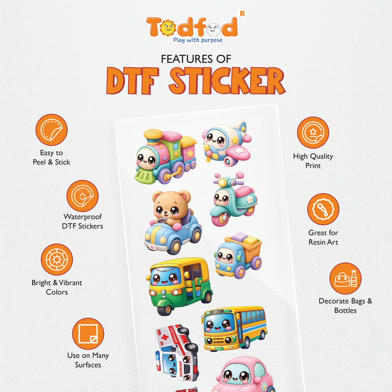 TodFod Vehicles DTF Heat Transfer Sticker Sheet | Cute Cars, Bus, Train & Emergency Vehicle Iron-On Transfers for T-Shirts, Hoodies, Bags & Fabric DIY Crafts | 11 x 4 Inch