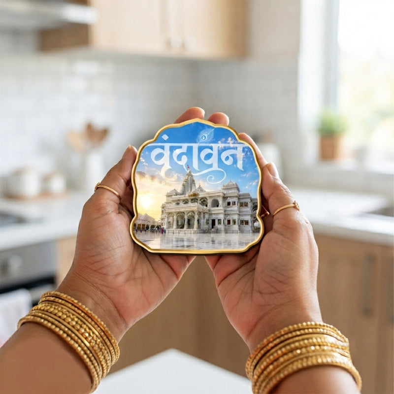 Todfod Vrindavan Fridge Magnet | Wooden Prem Mandir Vrindavan Souvenir Refrigerator Magnet | Lord Krishna Spiritual Decorative Magnet for Kitchen, Home & Office | 3 Inch