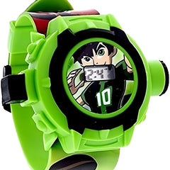 Green toy watch with character display on a white background