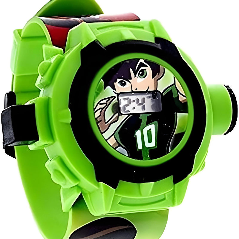 Green toy watch with character display on a white background