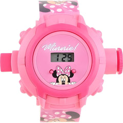 Pink digital watch with Minnie Mouse design on a white background