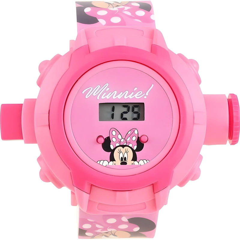 Pink digital watch with Minnie Mouse design on a white background