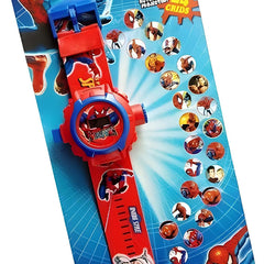 Spider-Man watch packaging with multiple superhero images on a blue background