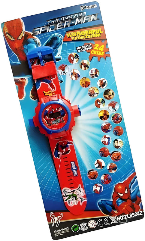 Spider-Man watch packaging with multiple superhero images on a blue background