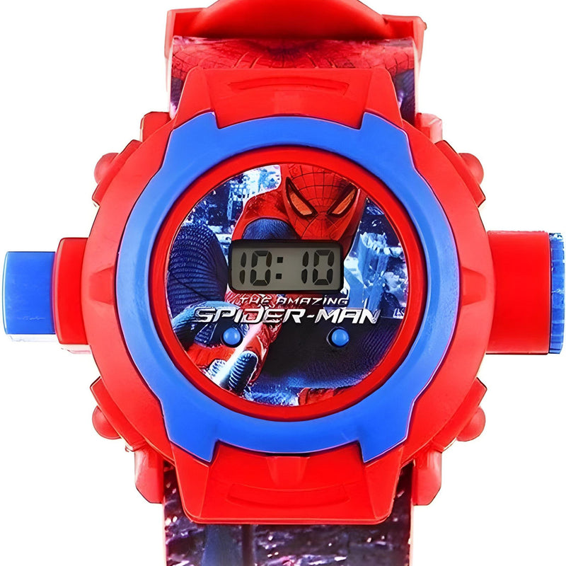 Digital watch with Spider-Man design on a white background