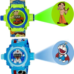 Two children's watches with cartoon character projections on a white background