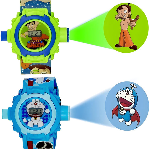 Two children's watches with cartoon character projections on a white background