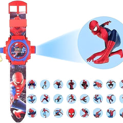Children's watch with Spider-Man design and projection feature on a white background