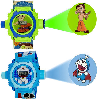 Two children's watches with character projections on a white background