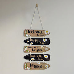Smaran Welcome Home Wooden Wall Hanging Decor | Happy Place Rich with Love Plaque | Chain Connected Sign with Daisies for Living Room Entrance & Gift