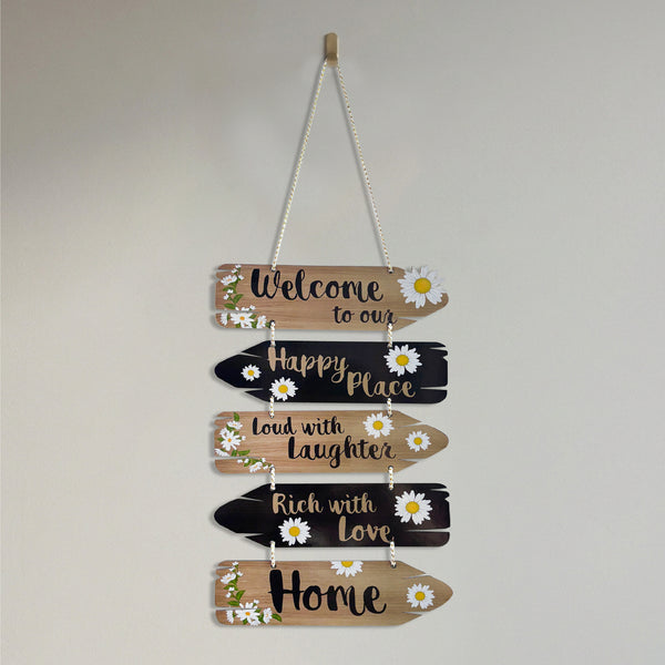 Smaran Welcome Home Wooden Wall Hanging Decor | Happy Place Rich with Love Plaque | Chain Connected Sign with Daisies for Living Room Entrance & Gift