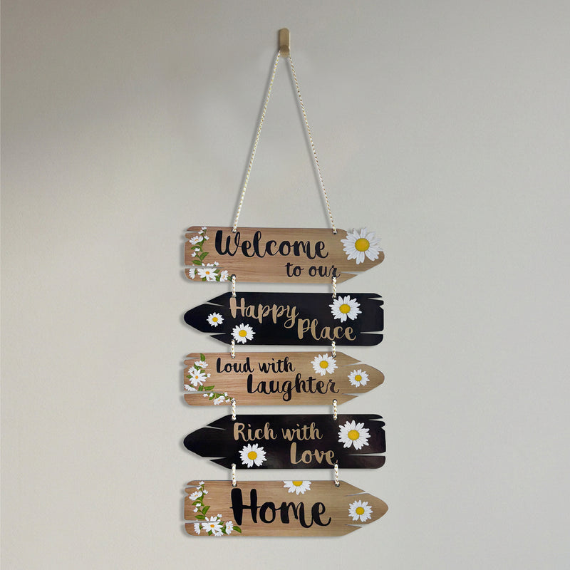 Smaran Welcome Home Wooden Wall Hanging Decor | Happy Place Rich with Love Plaque | Chain Connected Sign with Daisies for Living Room Entrance & Gift