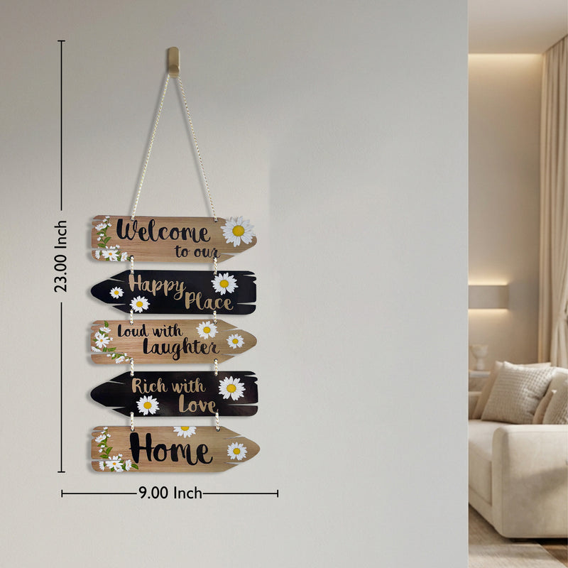 Smaran Welcome Home Wooden Wall Hanging Decor | Happy Place Rich with Love Plaque | Chain Connected Sign with Daisies for Living Room Entrance & Gift