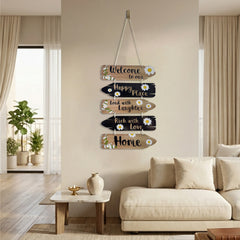 Smaran Welcome Home Wooden Wall Hanging Decor | Happy Place Rich with Love Plaque | Chain Connected Sign with Daisies for Living Room Entrance & Gift