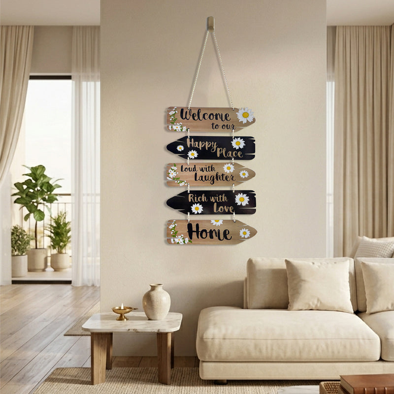 Smaran Welcome Home Wooden Wall Hanging Decor | Happy Place Rich with Love Plaque | Chain Connected Sign with Daisies for Living Room Entrance & Gift