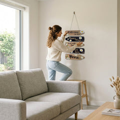 Smaran Welcome Home Wooden Wall Hanging Decor | Happy Place Rich with Love Plaque | Chain Connected Sign with Daisies for Living Room Entrance & Gift