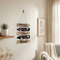 Smaran Welcome Home Wooden Wall Hanging Decor | Happy Place Rich with Love Plaque | Chain Connected Sign with Daisies for Living Room Entrance & Gift