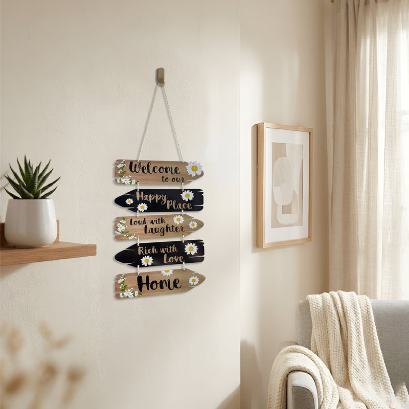 Smaran Welcome Home Wooden Wall Hanging Decor | Happy Place Rich with Love Plaque | Chain Connected Sign with Daisies for Living Room Entrance & Gift