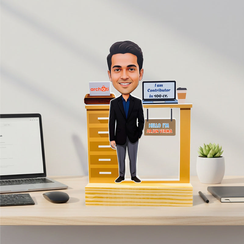 Personalized Corporate Caricature Desk Trophy – Custom Executive Figurine with Name & Achievemen