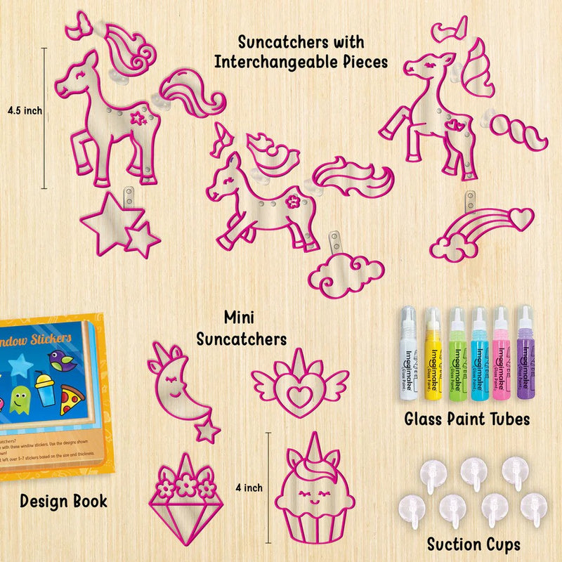 Collection of suncatcher components including pink unicorn, horse, and other shapes on a wooden surface with labels and measurements.
